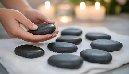 Hands prepare hot stones for relaxing massage in spa setting. Lit candles create ambient background for therapy, treatment. Calming ritual for health,