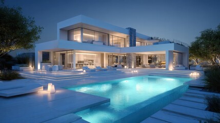 Fototapeta premium Stunning modern luxury villa showcases its sleek architecture and inviting infinity pool, bathed in the warm glow of dusk, creating a tranquil and opulent ambiance