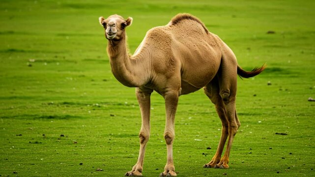 Dromedary Camel Standing in Green Field - A single dromedary camel stands in a lush green field, looking directly at the camera. Its light brown fur contrasts beautifully with the vibrant grass.