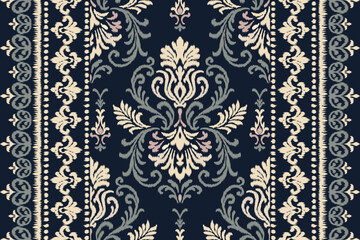 Floral ikat embroidery with ethnic Aztec style in seamless traditional textile illustration, perfect fabric pattern design for texture, clothing, and decoration.