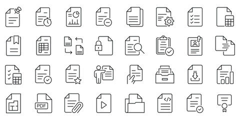 Obraz premium Document set of web icons in outline. Set of document Icons. Containing contract papers, folder, certificate, accept, approved, clipboard, invoice, archive and more. Vector illustration. 