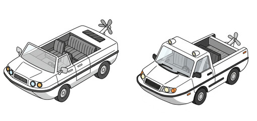 Isometric Cartoon Illustration of White Amphibious Vehicles with Detailed Features