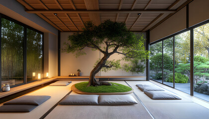Tranquil meditation room featuring soft lighting, comfortable cushions. Bonsai tree, candles, creating peaceful atmosphere. Design evokes calmness relaxation