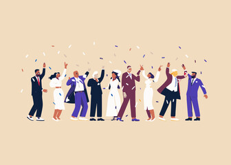 Diverse group of people celebrating with confetti illustration of happy wedding guests party celebration with diverse people in formal attire