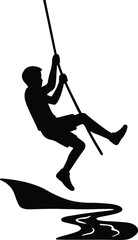 Silhouette boy swinging on rope over water vector illustration