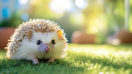 Hedgehog foraging in lush green grass during sunny afternoon in backyard garden