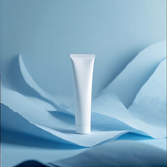 Minimalist cosmetic tube in a blue abstract landscape ideal for skincare product mockups