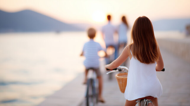 Children riding bicycles along seaside promenade at sunset, joyful family vacation atmosphere