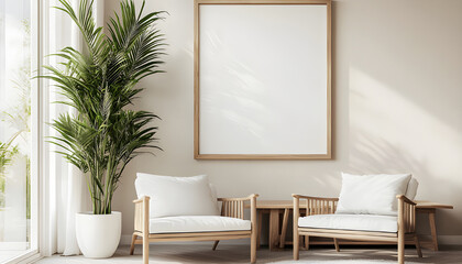 Minimalist waiting area interior with blank poster, chairs and bench. Neutral tones, bright daylight creates calm serene space. Modern design, perfect for office lobby or reception area