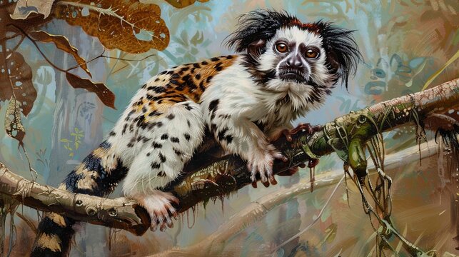 Spotted tamarin sitting on a tree in a tropical forest. Oil painting