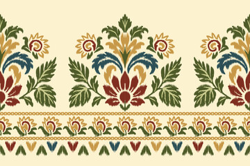 Floral ikat seamless pattern with ethnic embroidery and Aztec elements, perfect for traditional textile illustration and stylish fabric design.