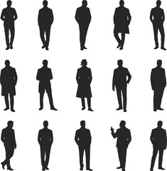 "Businessmen and businesswomen silhouettes standing confidently in suits, isolated on white background, professional and corporate image for stock."