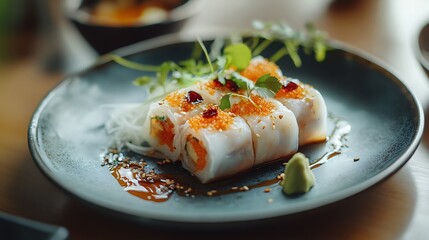 Hue specialty grilled fermented pork roll on a plate with rice paper