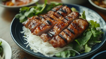 Hue specialty grilled fermented pork roll on a plate with rice paper