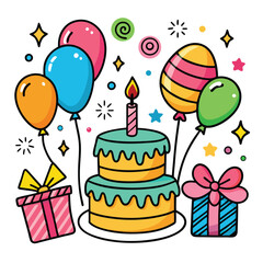 Colorful Birthday Celebration Illustration with Cake Balloons and Gifts on White