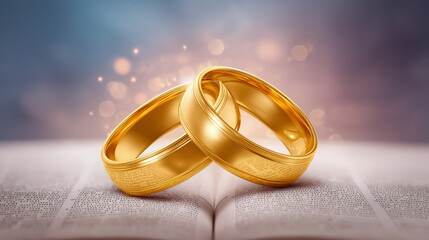 Two gold wedding rings reflect a couple's image while resting on open pages of a book. Soft lighting blurs surrounding details, creating a romantic atmosphere