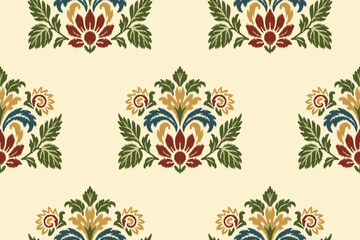 Floral ikat seamless pattern with ethnic embroidery and Aztec elements, perfect for traditional textile illustration and stylish fabric design.