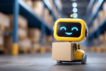 Robot moving stacked boxes within warehouse environment. Bright industrial aisle features organized shelves. Concept of automation, logistics, supply chain