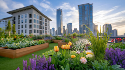 Woman watering colorful flowers and vegetables in urban rooftop garden. Skyscrapers create backdrop at late afternoon. Concept of urban agriculture, sustainability, city living