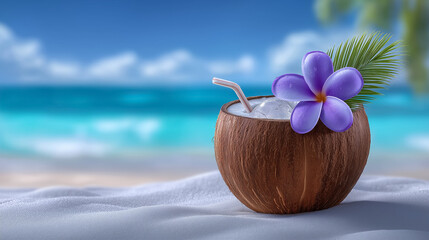 Coconut drink with straw and flower nestled in sand under bright sun. Blur of beach and sea in background. Concept of tropical relaxation, summer vacation, and beach resorts