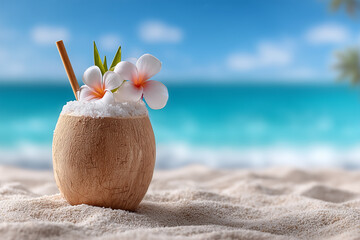 Coconut drink adorned with flowers rests in soft sand under bright sun. Serene beach setting with sparkling ocean waves in background. Concept of tropical vacation, beach resorts, summer beverages