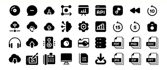 Black Glyph Icon Set Technology Multimedia Data Cloud Computing