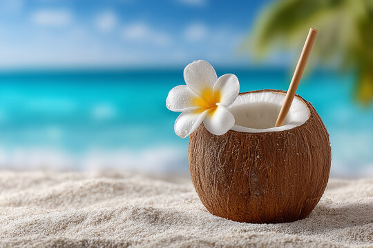 Coconut drink sits in warm sand with straw and flower. Blurred beach and sea in background enhance tropical ambience. Concept of cafes, bars, travel agencies