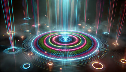 Glowing concentric rings and vertical light beams pulse across a smoky surface, forming a sci-fi or tech event backdrop..