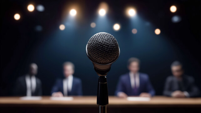 Contestant stands nervously on stage with microphone in hand, spotlight shining brightly. Empty theater creates intense atmosphere. Concept of talent show, entertainment, performance arts