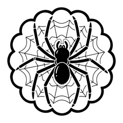 Black Spider on Web, Halloween Vector Illustration
