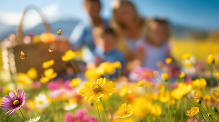 Family gathers on vibrant green grass surrounded by colorful wildflowers. Children chase butterflies in background under bright midday sun. Concept of family fun, outdoor activities, wellness