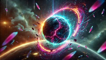 A glowing planet with neon cracks bursts apart in outer space, surrounded by colorful rings, debris, and energy trails..