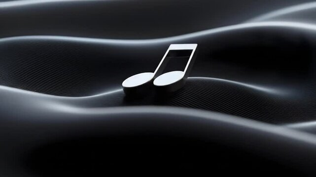 A metallic musical note rests on a dark, textured, wavy surface.  The note is distinct against the backdrop of flowing lines and subtle shading