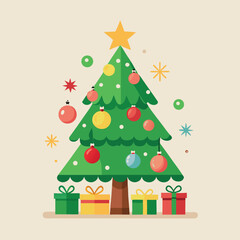 Stylized Christmas Tree with Gifts Ornaments and Star on Beige Background