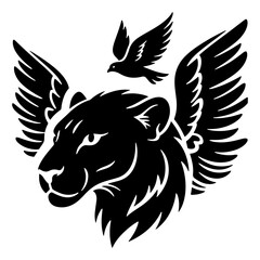 Black and white winged lion head illustration, vector design