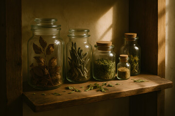 Various dried herbs and leaves are neatly arranged in glass jars on a wooden shelf, bathed in soft warm light..