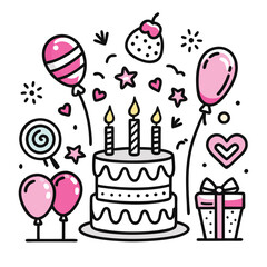 Cute Birthday Party Doodle with Cake Balloons and Gift Box
