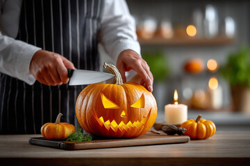 Hands work skillfully to carve a scary face into a pumpkin with candle light glowing from inside. Warm kitchen ambiance enhances festive spirit