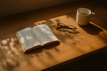 Open book, eyeglasses, and cup of tea on wooden desk illuminated by soft natural sunlight creating a cozy reading scene..
