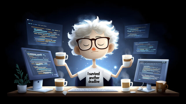 Programmer balancing multiple coffee cups while surrounded by monitors full of code. Comedic expression of tiredness with messy desk enhancing stress vibe