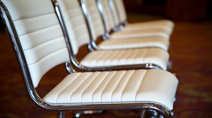 Aesthetic Arrangement: Row of Modern Cream Chairs with Chrome Frames in Elegant Setting