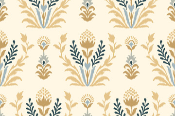 Ikat flower pattern, oriental traditional ikat design on beige background, vector illustration in Aztec style with abstract background, perfect for texture, fabric, clothing, and decoration.