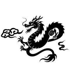 Black and white stylized dragon illustration, vector design element