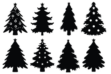 Collection of Christmas Tree Silhouettes with Decorations for Holiday Designs