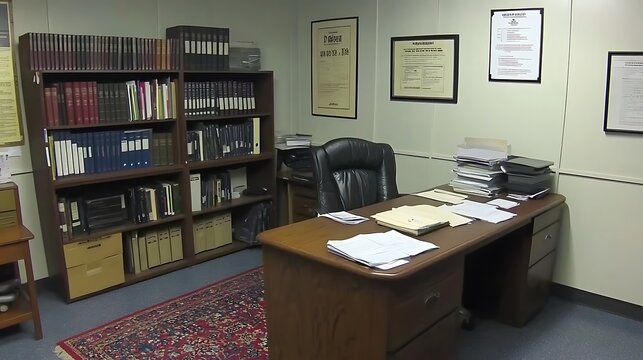 A classic office setup with wooden desk, bookcase, certificates and a vintage rug