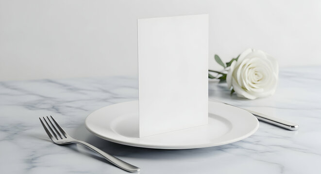 Elegant Table Setting with Blank Menu Card and White Rose on Marble Surface, Perfect for Wedding Invitation or Special Event Promotion