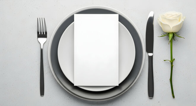 Elegant Place Setting for Wedding Reception with Blank Menu Card and White Rose, Perfect for Invitations and Festive Occasions
