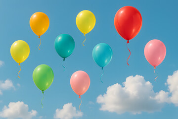Bright helium balloons in various colors drift in a blue sky with scattered clouds, evoking a joyful and festive mood..