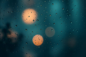 Moody image of water droplets on a glass surface with soft city lights creating a dreamy bokeh in the background..