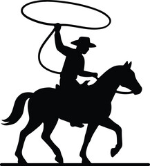 Silhouette cowboy riding horse throwing lasso vector illustration